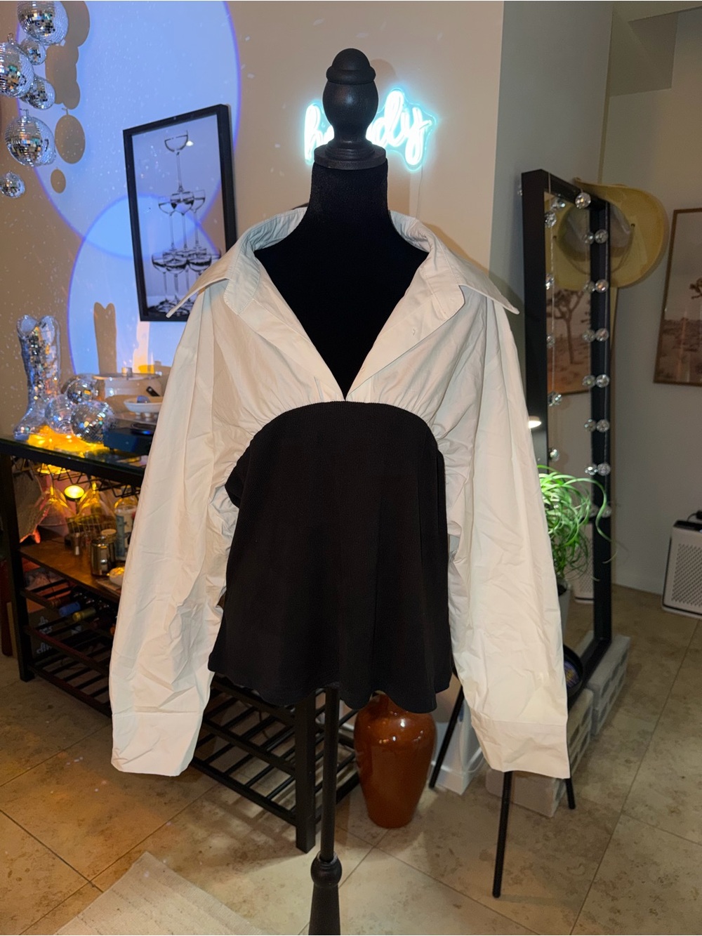 CIDER Two-Tone Womens Button-Down Top with Black Bust Panel